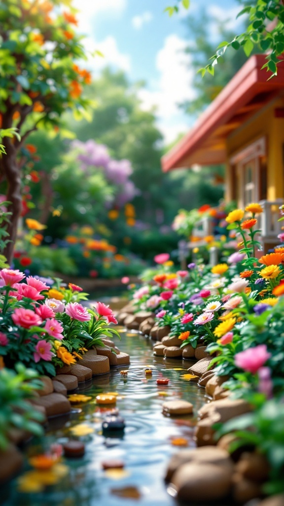 A charming Lego garden scene with colorful flowers, a stream, and a cozy house