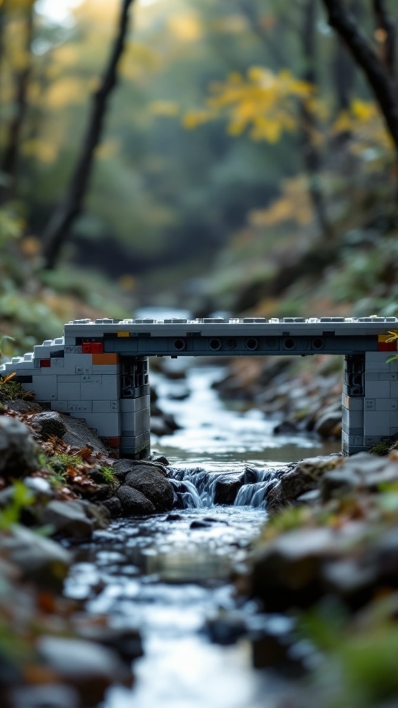 A Lego bridge over a stream surrounded by nature