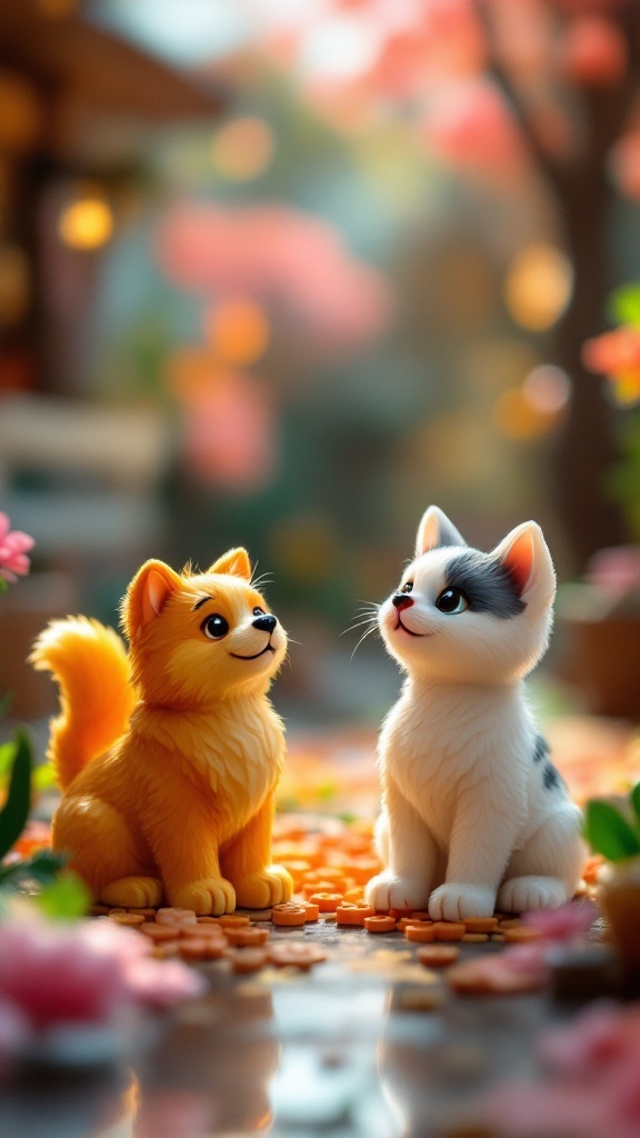A scene featuring a cute Lego dog and cat sitting together among flowers.