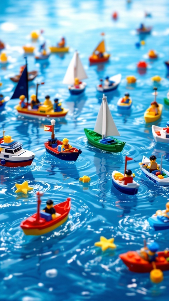Colorful Lego boats floating on blue water with mini-figures onboard.