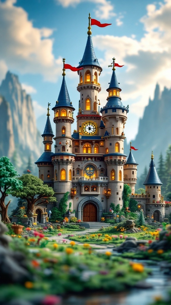 A colorful Lego fantasy castle surrounded by gardens and mountains