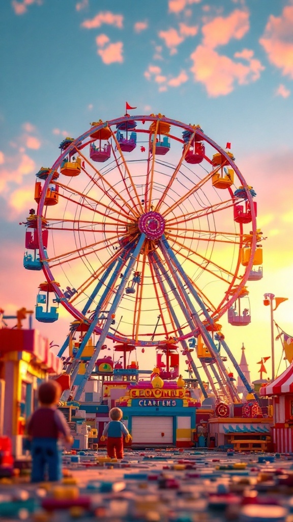 Colorful Lego Ferris wheel with gondolas and carnival atmosphere