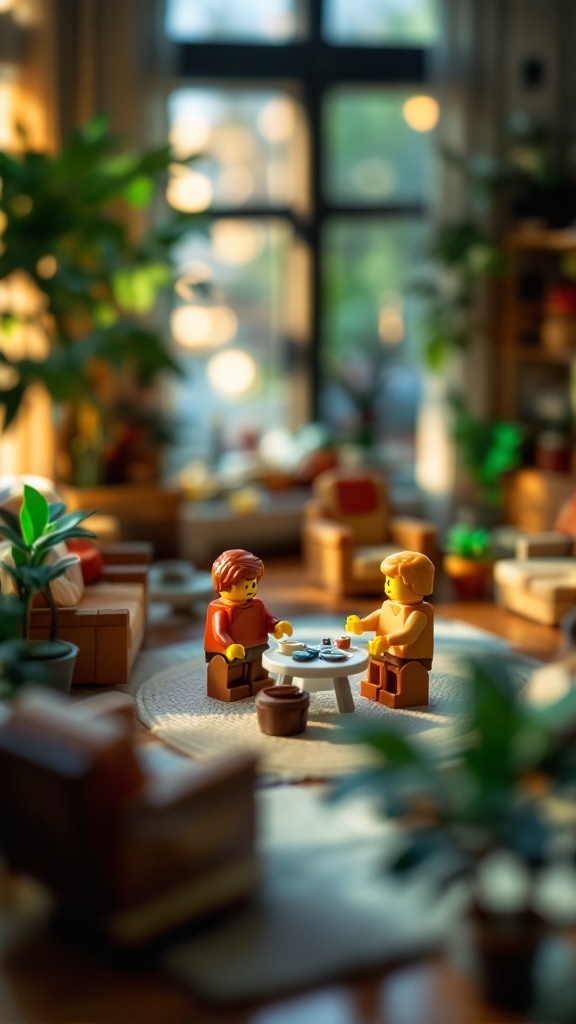 Two Lego characters sitting at a small table in a cozy living room setting filled with plants and furniture.