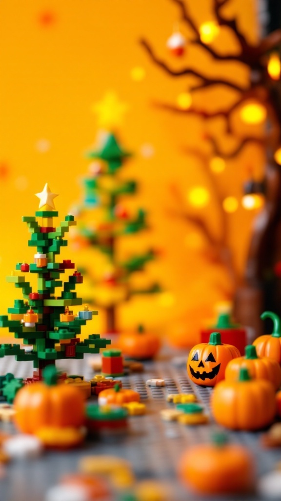 Colorful Lego holiday decorations featuring Christmas trees and pumpkins