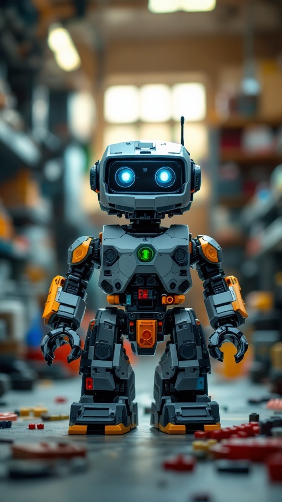 A Lego robot standing amidst scattered Lego pieces, showcasing creativity and playfulness.