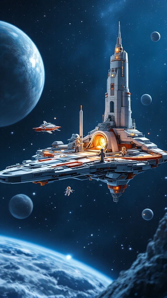 A detailed Lego space station design in a cosmic setting with planets and stars.