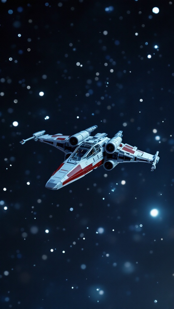 Lego Star Wars Starfighter flying through space