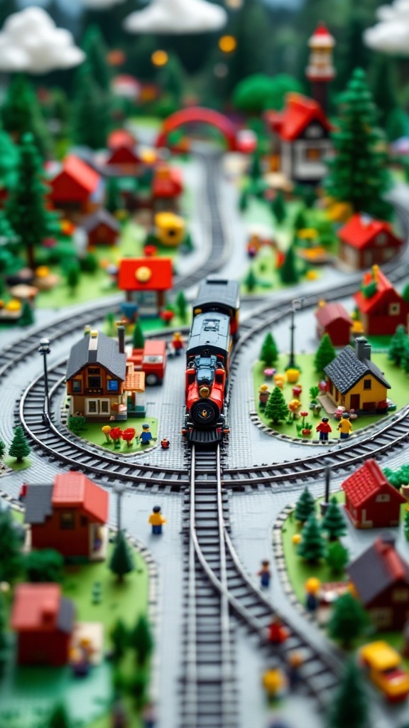 A colorful Lego train set layout featuring houses, trees, and a central train on winding tracks.