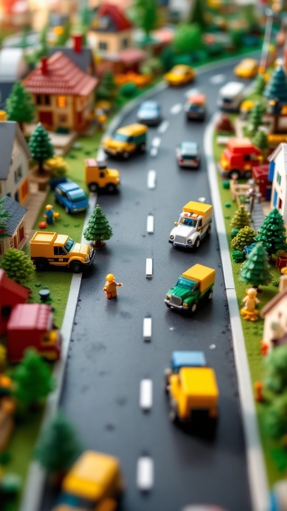 A vibrant Lego scene featuring cars on a road with trees and houses
