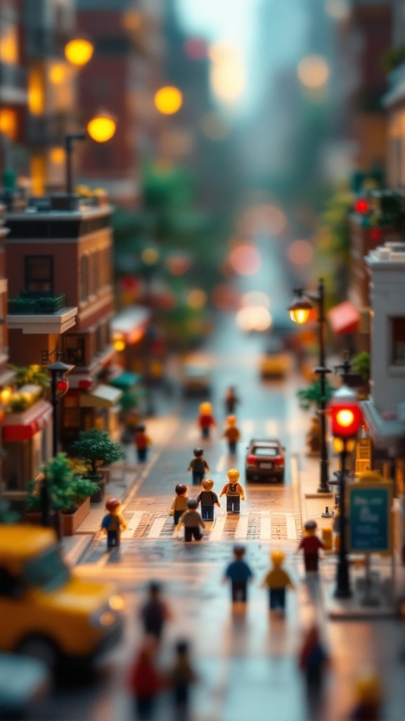 A vibrant Lego cityscape with figures crossing the street and cars driving by.