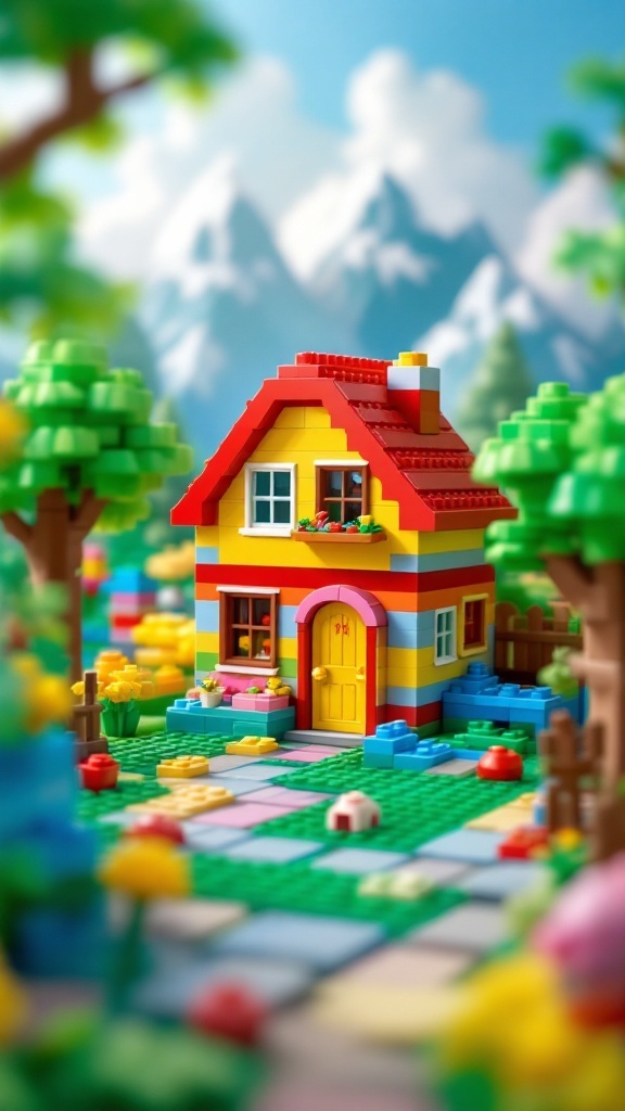 A colorful Lego house with a red roof and yellow walls surrounded by trees and flowers.