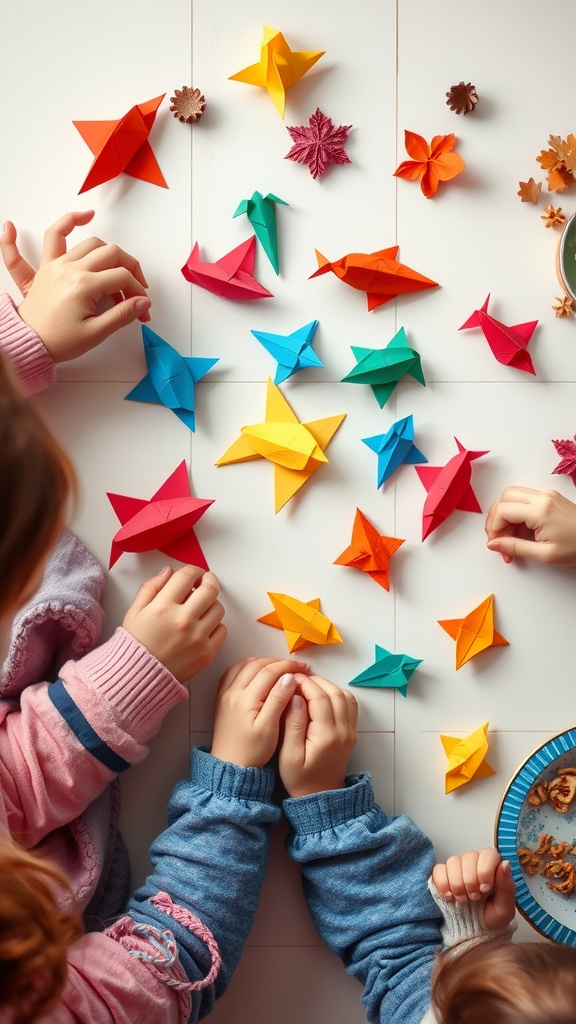 Children's hands working on colorful origami aquatic animals on a table.