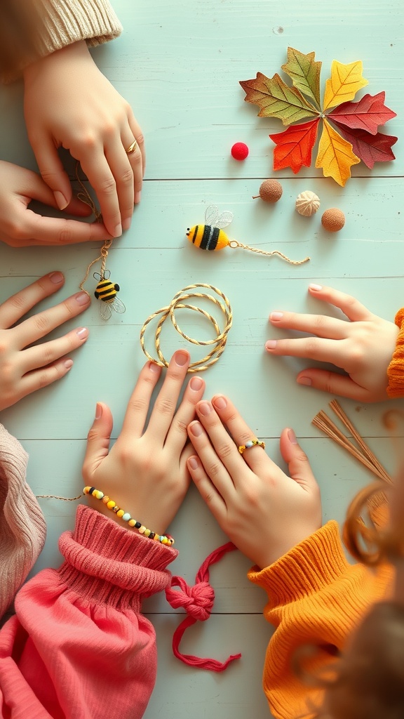 Children making bee-themed friendship bracelets with colorful beads on a table.