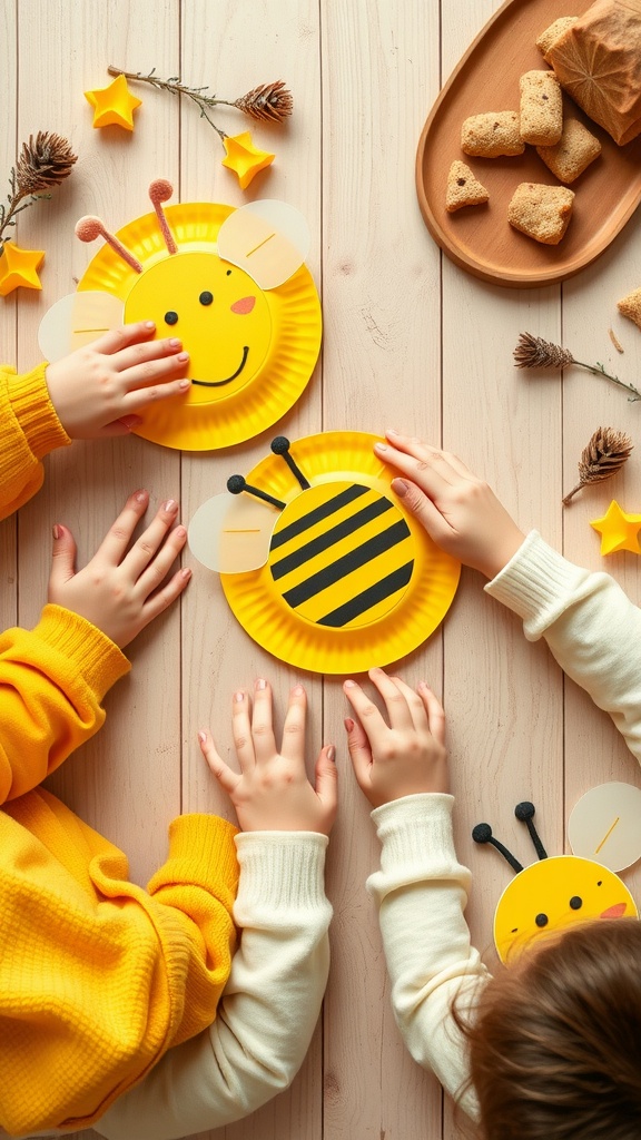 Children making bee-themed paper plate masks with yellow plates and craft supplies