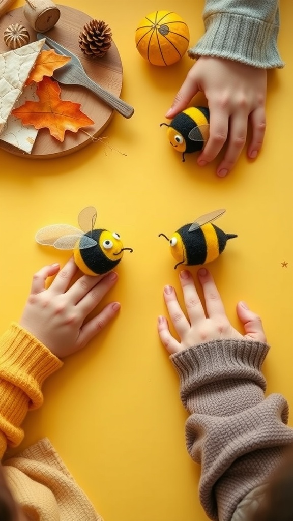 Children's hands with bee finger puppets and autumn decorations on a yellow background