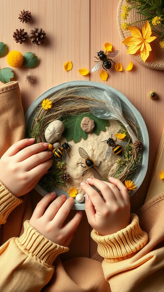 Children's hands creating a bee habitat diorama with flowers, leaves, and toy bees.