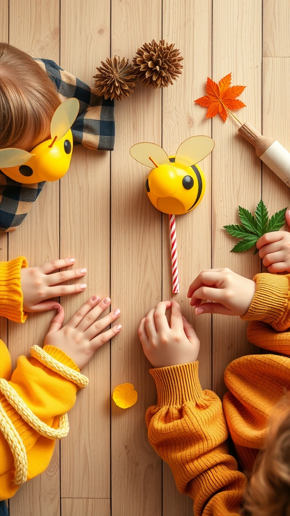 Children making bee masks with straws, surrounded by leaves and pine cones.