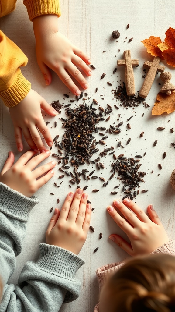 Children's hands working with soil and seeds to create bee seed bombs