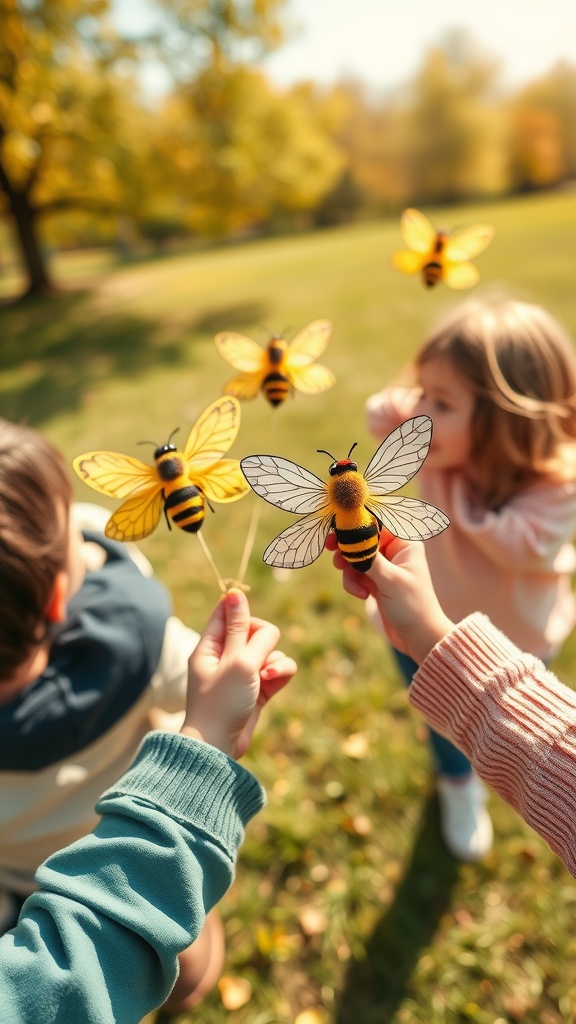 Children holding handmade bee kites in a sunny park