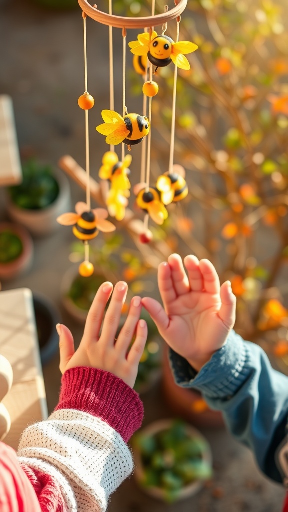 Colorful bee wind chimes made by children, hanging with hands reaching out to touch them.