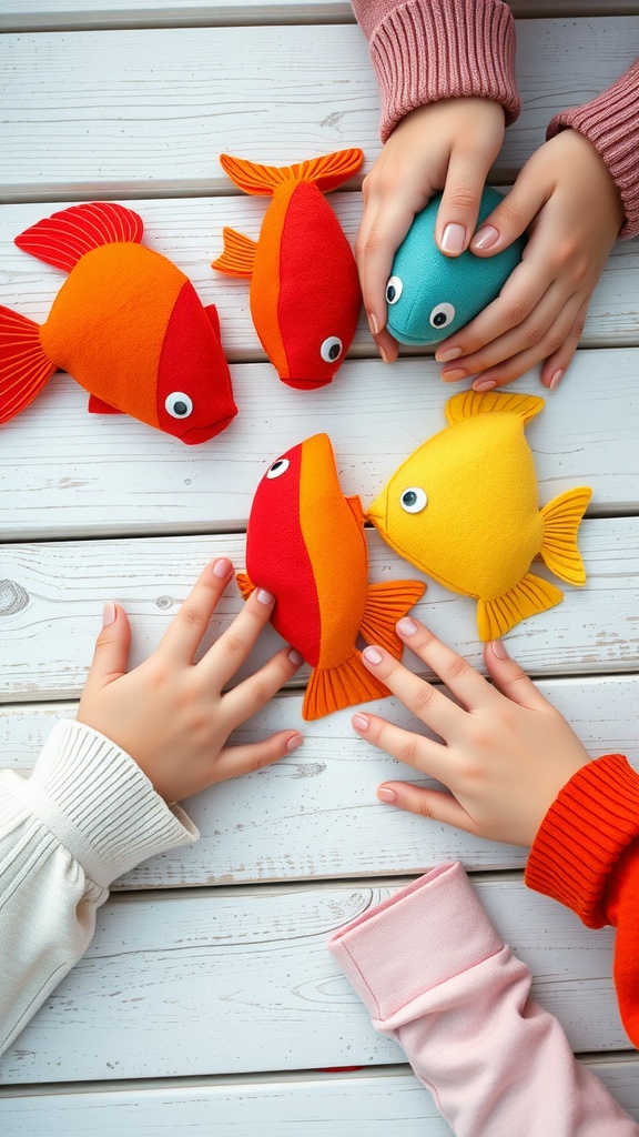 Colorful fish puppets made from felt, featuring bright colors and googly eyes, with hands around them on a table.