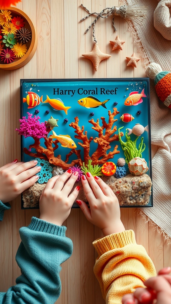 Two hands arranging colorful sea creatures and coral in a coral reef diorama on a wooden surface.