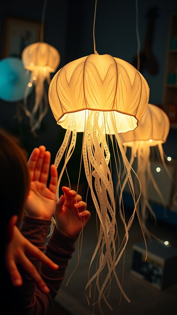 A child reaching out to a glowing jellyfish lantern, showcasing soft, flowing tentacles.