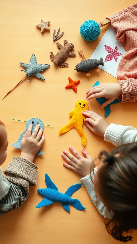 Children making ocean-themed puppets with colorful felt and other craft supplies.