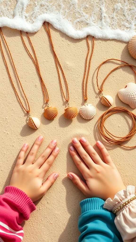 Assorted handmade seashell necklaces on the beach with hands reaching for them