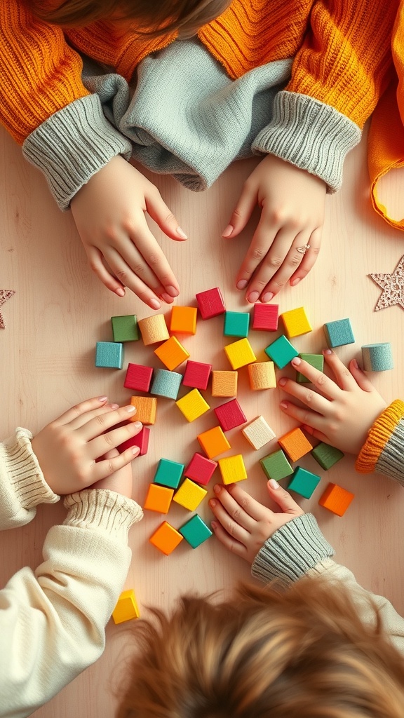 Children's hands playing with colorful wooden blocks