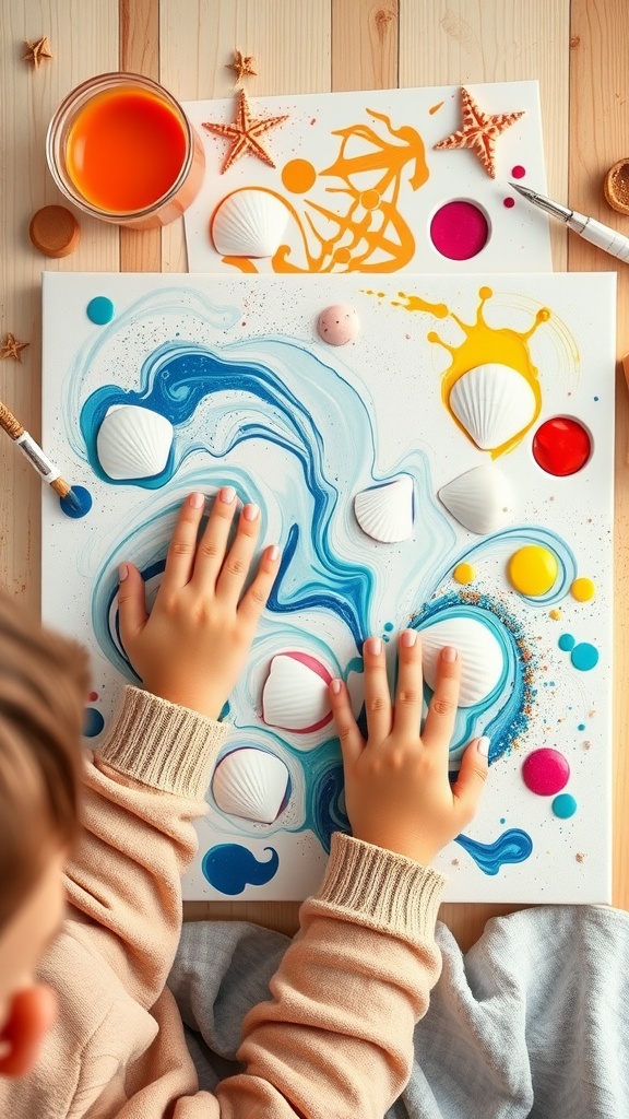 Child painting seashells with colorful paints, featuring a beach-themed setup.