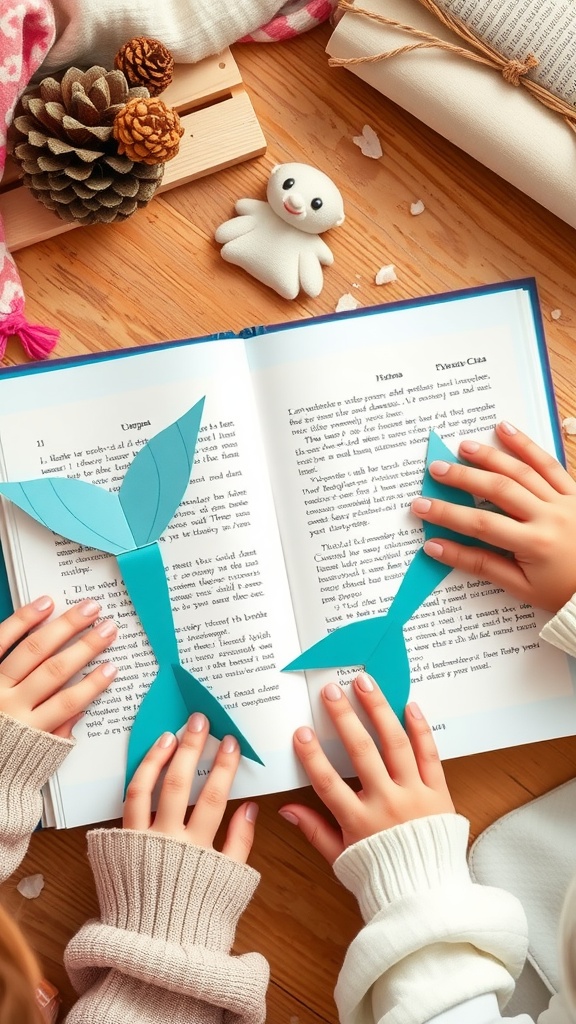 Two hands making mermaid tail bookmarks from blue paper while a book lies open