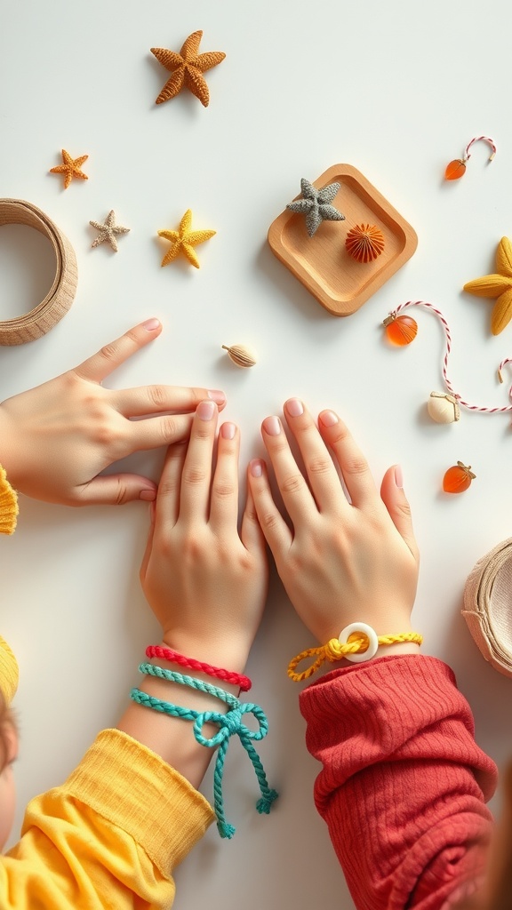 Hands wearing ocean-inspired friendship bracelets surrounded by starfish and seashells.