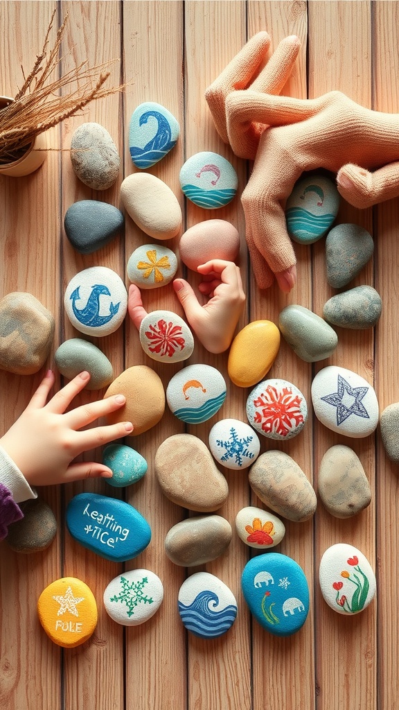 Colorful painted rocks with ocean themes and hands reaching for them on a wooden table.
