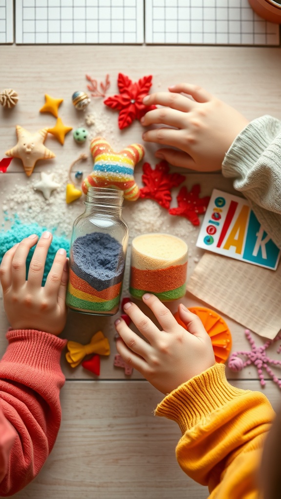 Children's hands reaching for colorful sand in jars, surrounded by ocean-themed decorations.