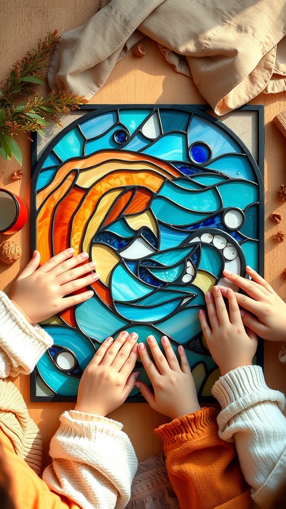 Children's hands reaching toward a colorful ocean-themed stained glass art project.