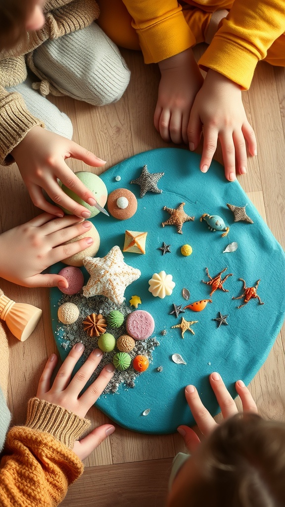 Children creating an ocean habitat diorama with colorful materials on a blue base.