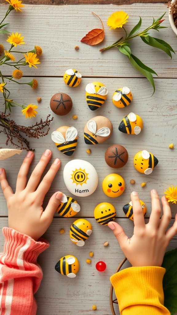 Colorful painted bee rocks with children's hands around them