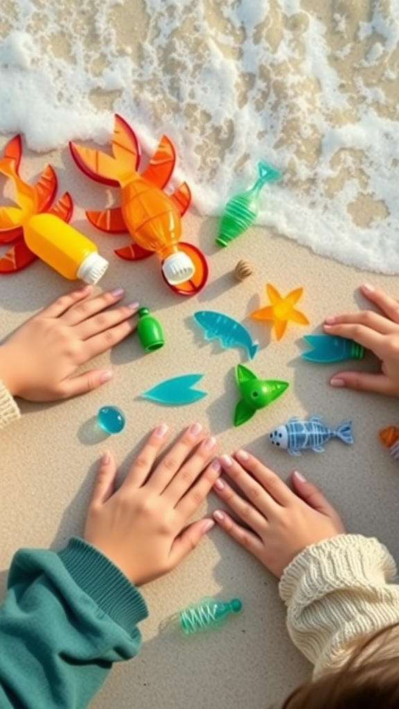 Colorful recycled bottle ocean creatures on a sandy beach with children's hands touching them.