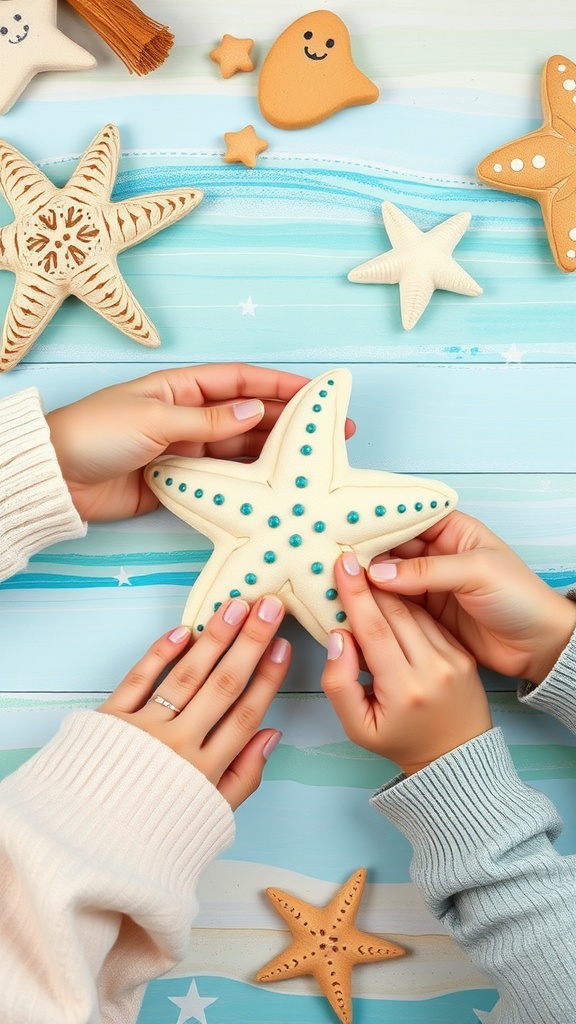Hands decorating salt dough starfish with beads and paint.