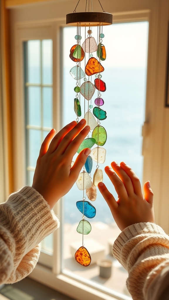 A person's hands reaching for colorful sea glass wind chimes hanging by a window, with a scenic view of the ocean in the background.