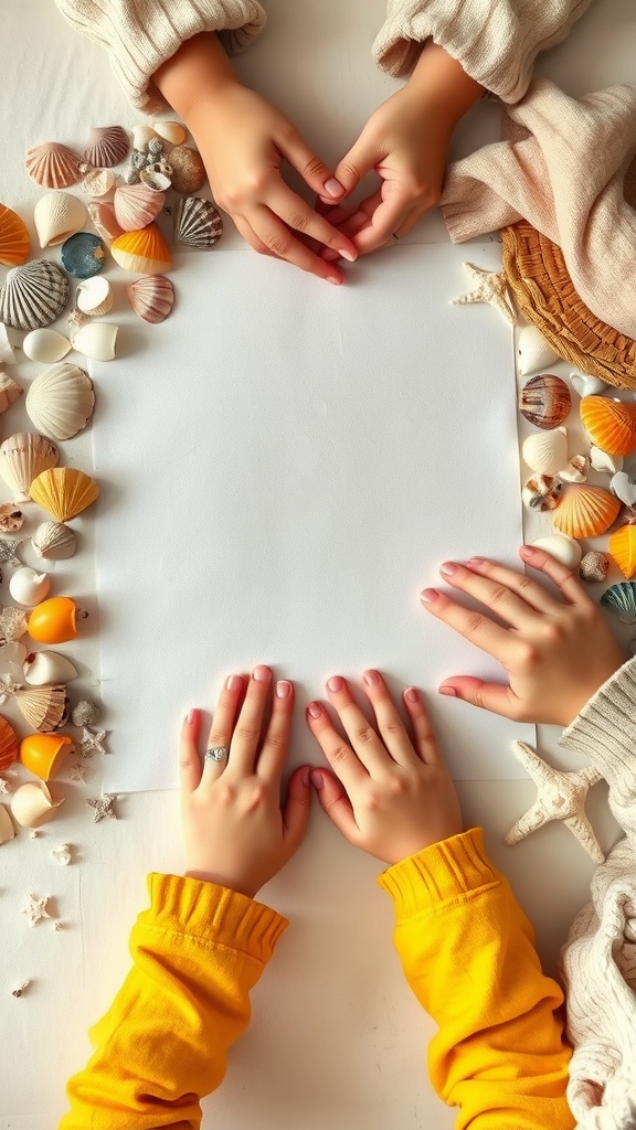 Hands of children working on a seashell art project with assorted seashells and a blank canvas.