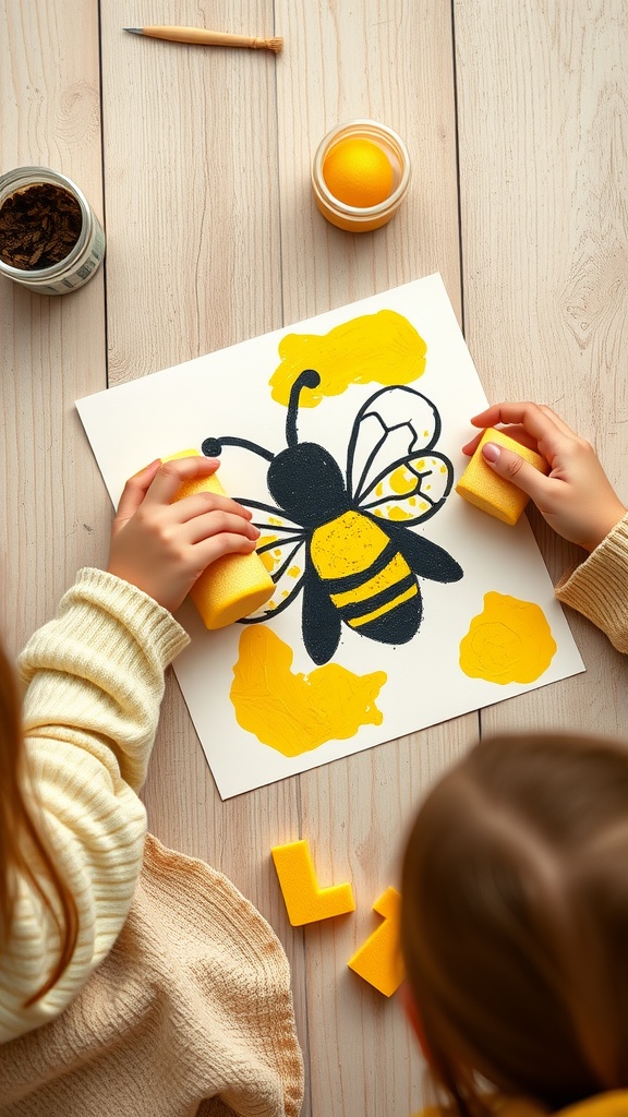 Children painting a bee using sponges and bright colors