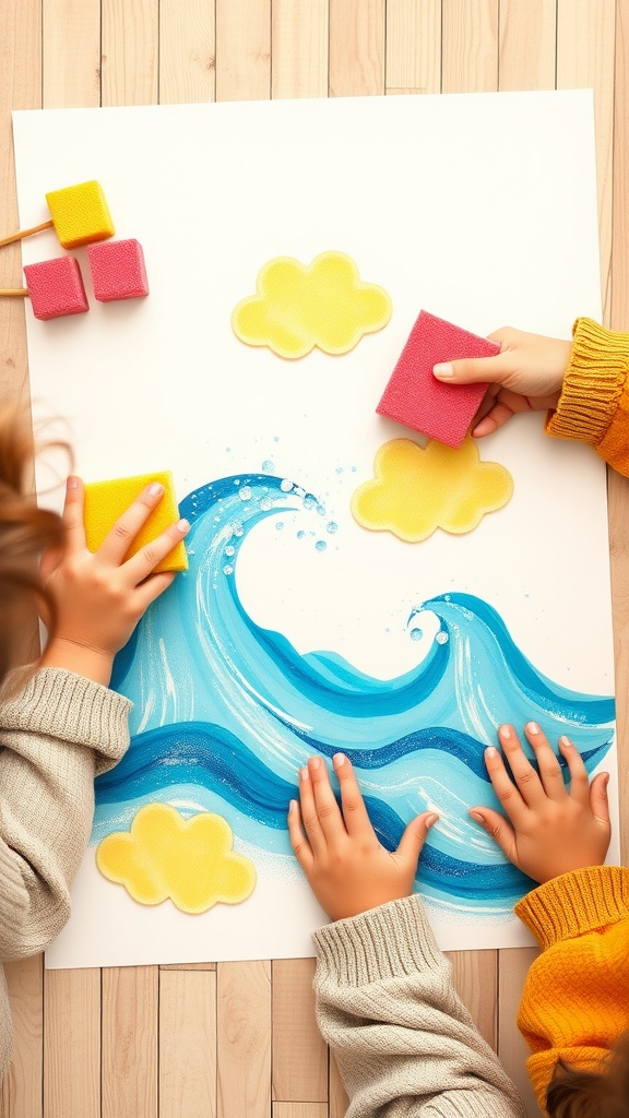 Children painting ocean waves with sponges