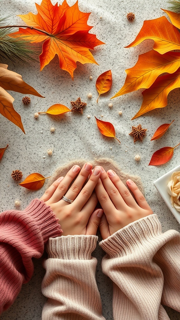 Hands on a sandy surface with autumn leaves and natural materials surrounding them.