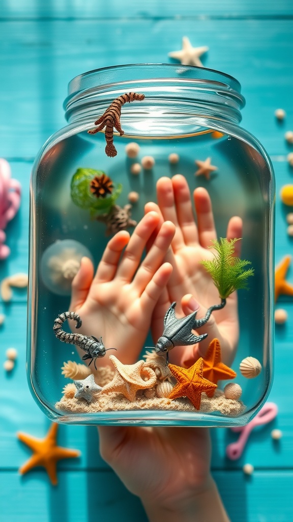 A glass jar filled with an underwater scene featuring artificial sea creatures, sand, and colorful decorations.