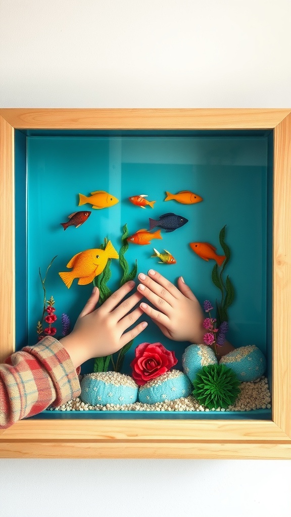 A colorful underwater scene shadow box with fish and decorations, featuring hands reaching towards it.