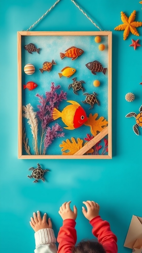 A colorful underwater themed wall art featuring various fish, a turtle, and sea plants, displayed against a bright blue background.