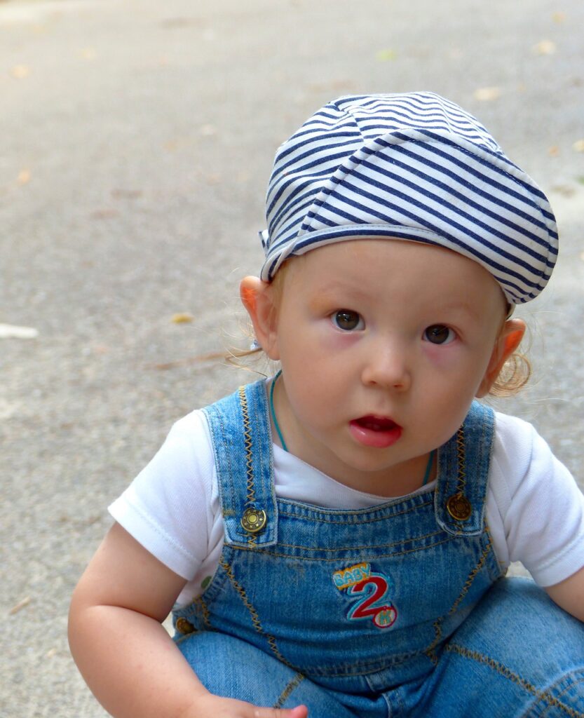 baby, boy, overalls, childhood, cute, cap, sitting
