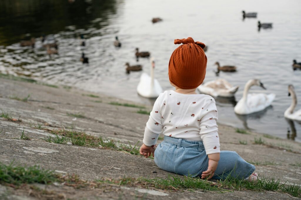 A young child in a turban observes ducks and swans by a serene lakeside.
